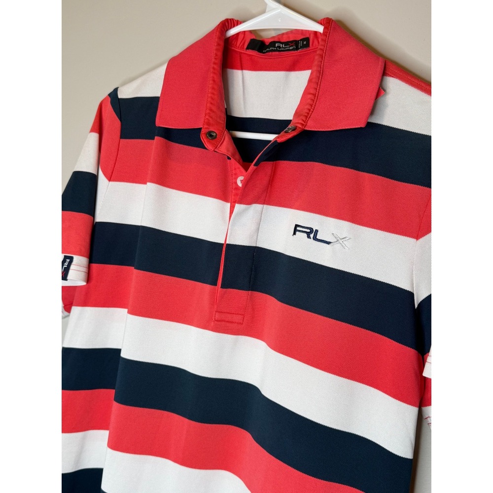 RLX Ralph Lauren Women's Striped Golf Polo Shirt Coral Navy White Medium - Picture 4 of 7